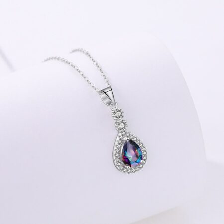 Sterling Silver Droplet Shape Necklace Colorful Zircon Shiny Crystal